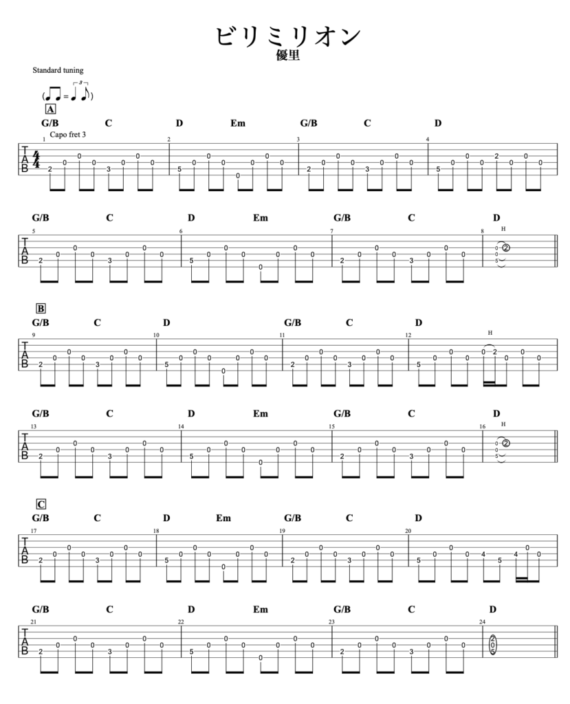 ビリミリオン/優里ギターTAB譜・コード・歌詞